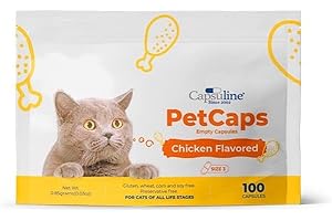 Capsuline PetCaps Size 3 Empty Gelatin Capsules for Cats of All Life Stages, Chicken Flavored - 100 Count| Hides Medicine Taste & Scent | Gluten Free, Kosher, Non-GMO Certified | Pure Bovine Pill Caps