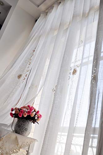 DOKOT Long Solid Embroidery Rod Pocket Window Curtains/Drape/Panels/Treatment Cotton Linen with Crochet Border, 71x100 inches (71" W x 102" H(180x260cm), White Embroidery Sheer)