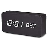 Digital Alarm Clock, Temperature Date LED Display Wood Grain Clock 3 Levels Brightness Voice Control Modern Simplicity Wood Digital Clock