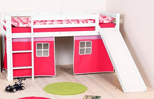 Flexa Loft Slide Bed with Bottom Curtains - Twin Size - White Wash Wood &amp; Pink Curtains