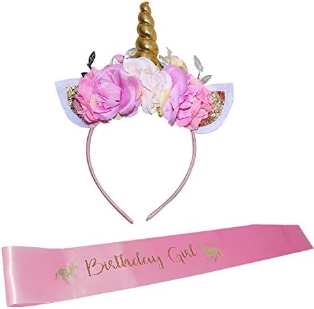 Best Quality Unicorn Birthday Girl Set of Gold Glitter Unicorn Headband And Pink Satin Birthday Girl Sash Set | B4MBOO Happy Birthday Unicorn Party Supplies, Favors Decorations - 2018 New
