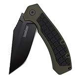 Kershaw Faultine Pocketknife (8760); 3-Inch 8Cr13MoV Blade; Black Oxide Coating; Olive Handle with Black Rubber Overmold; KVT Manual Open; Liner Lock; Single Position Deep Carry Pocketclip; 3.9 oz