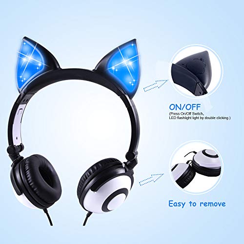 Esonstyle Kids Headphones Over Ear with LED Glowing Cat Ears,Safe Wired Kids Headsets 85dB Volume Limited, Food Grade Silicone, 3.5mm Aux Jack, Cat-Inspired (led cat Ear Kids Headphones-Black)