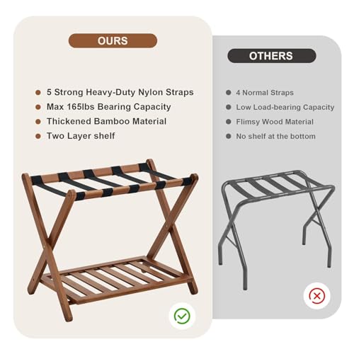 Folding Luggage Rack, Bamboo Suitcase Stand for Guest Room, Luggage Holder with Shoe Storage Shelf for Bedroom, Guest Room, Hotel, 68*45*55CM Brown