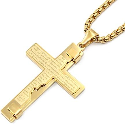 Men's Stainless Steel Cross Pendant Lord's Prayer Necklace Chain 24 Inch