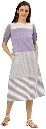 Desi Fusion Women's A-Line Blue & White Self Print Cold Shoulder Handloom Dress