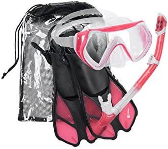 Siliber 3Pcs Snorkel Mask &amp; Fins Set, Double Lens Silicone Mask with Dry Top Tube, Adjustable Flippers and Snorkeling Gear Bag for Adults Men and Women - Pink, ML/XL