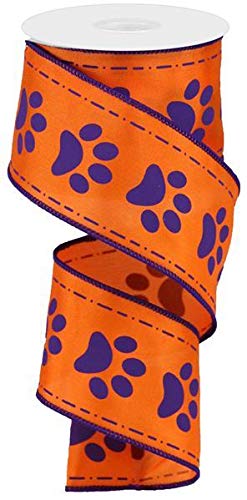 Craig Bachman Paw Print Wired Edge Ribbon, 10 Yards (Orange, Purple, 2.5 Inches)