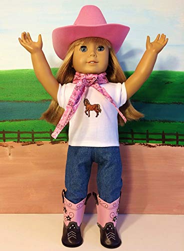 The Wishlist Store Western Cowboy Cowgirl Outfit Pink ~ 18 inch Doll Clothes fits American Girl Hat, Pink Boots, Jeans, Bandanna, Horse Top, Complete Set !