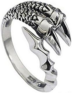 Jazlyn 925 Sterling Silver 18 Karats Vintage Thailand Silver Good Luck Loong Dragon Claw Engraved Adjustable Size Opening Couples Rings for Women Men