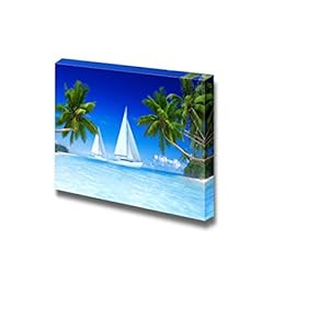 Canvas Prints Wall Art - White Sail Boats and Palm Trees in a Tropical Beach | Modern Wall Decor/Home Decoration Stretched Gallery Canvas Wrap Giclee Print. Ready to Hang - 12" x 18"