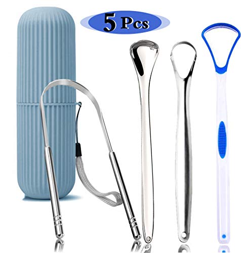 Tongue Scraper Cleaner for Adults Kids, BUVE Set of 4 Stainless Steel and Plastic Tongue Brush Oral Care Kit for Fresh Breath with Travel Carrying Case