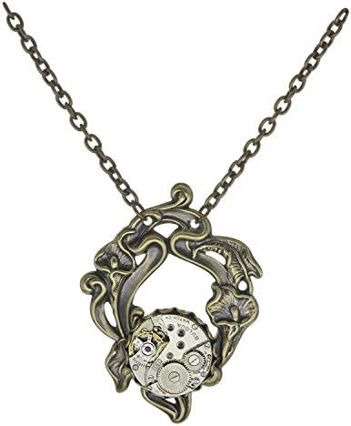Handcrafted Brass-tone Lily Steampunk Clockwork Vintage Victorian Style Pendant Necklace