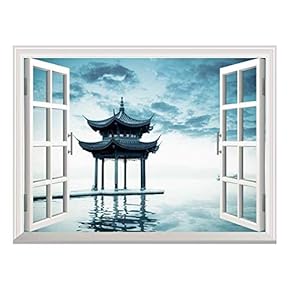 Removable Wall Sticker/Wall Mural - Ancient Chinese Pavilion Beside Peaceful West Lake,Hangzhou China | Creative Window View Home Decor/Wall Decor - 36"x48"
