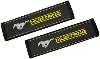 RS Car Interior Ford Mustang Yellow Black Leather Seat Belt Covers Embroidered Logo Shoulder Pads