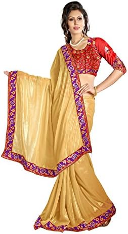 Odhni Women's Indian Bollywood Embroidered Beige Chiffon Saree