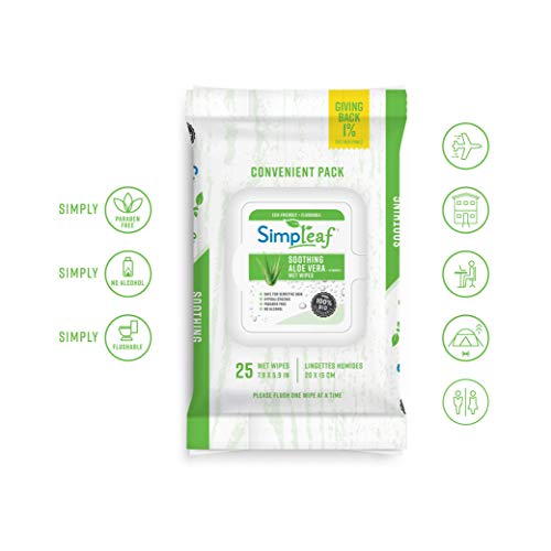 Simpleaf Flushable Wet Wipes | Eco- Friendly, Paraben & Alcohol Free | Hypoallergenic & Safe for Sensitive Skin | Soothing Aloe Vera & Vitamin E Formula | (25-Count) 4 Pack
