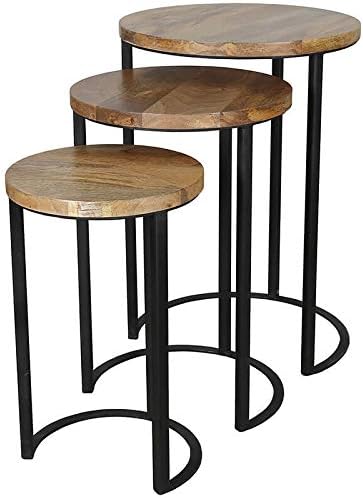 Ravi Iron Base Solid Wood Top Round Stool Set of 3 Pcs