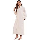 LYCY Women Plush Zipper Robe, Long Fleece House Coat Nightgown with Pockets Solid Bathrobe