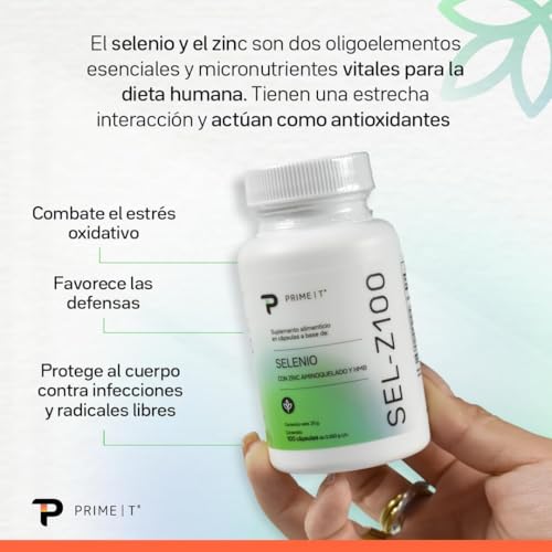 Primetech Nutrition Selenio con Zinc SEL-Z100, 100 Cápsulas | 100 Mcg de Selenio, 20 Mg de Zinc, Protección Antioxidante Potente