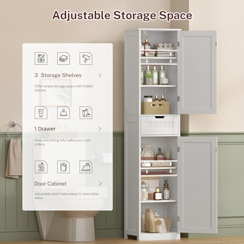 FIONESO 67" Tall Bathroom Cabinet, Storage Cabinet with Drawer & 2 Adjustable Shelves, Bathroom Storage Cabinet with 2 Doors, Floor Cabinet for Living Room, Bathroom, Home Office, Entryway, White