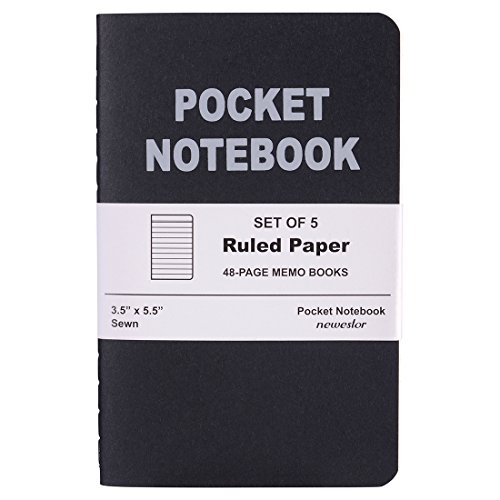 Pocket Notebook - 3.5"x5.5" Memo Book, Lined Page, Black, Set of 5