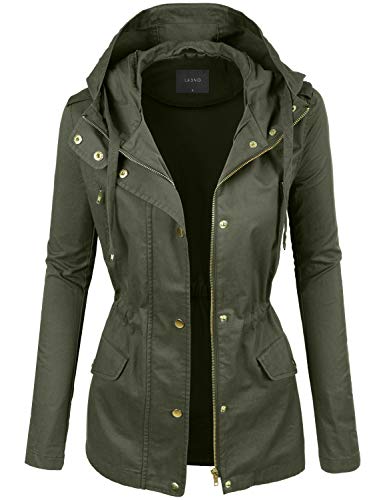 LE3NO Womens Lightweight Cotton Military Anorak Jacket with Hoodie,Olive, Small