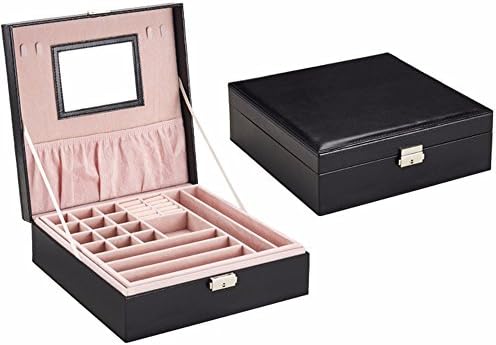 Soaptree 2 Layer Large Jewelry Box Earring Ring Necklace Bracelet Watch Display Storage Case with Mirror(A-Black)