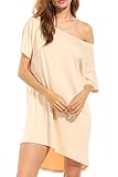 HOTOUCH Women's Casual Plain Short Sleeve Simple Tshirt Loose Dress Off Shoulder, Small, Beige
