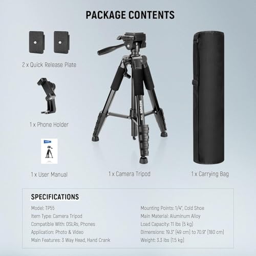 NEEWER BASICS Camera Tripod, 71'' Tripod with Cell Phone Holder Mount Compatible with iPhone for Video Recording, Professional Aluminum Lightweight Portable Travel Stand with 3 Way Pan Tilt Head, TP55
