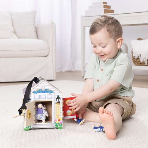 Melissa & Doug Take-Along Wooden Doorbell Dollhouse - Doorbell Sounds, Keys, 4 Poseable Wooden Dolls Portable Doll House, Doorbell House for Kids Ages 3+