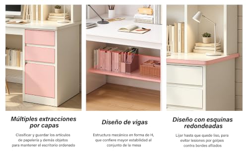 FORKUSO Escritorio con Cajones y Repisa, Computadora Minimalista. Oficina, Madera (Desk). 120 * 45 * 164CM 4 estantes, 3 cajones, 2 armarios. para Sala, Dormitorio o Juegos (Blanco)