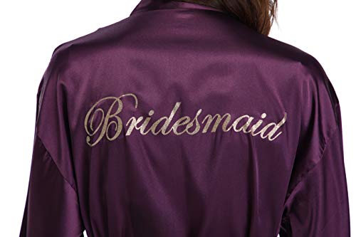 Women's Silky Bride Bridesmaid Kimono Robes Short Wedding Party Getting Ready Robe Dressing Gown with Gold Glitter, Bridesmaid DeepPurple L - Thumbnail 5