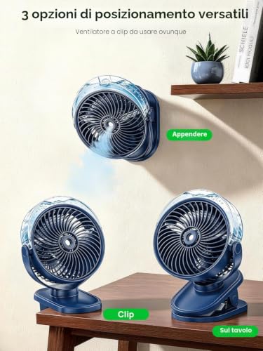 Ventilatore a Clip con Nebbia, 6000mAh USB-C Ricaricabile Mini Ventilatore Personale, 4 Velocità – 360° Girevole, Silenzioso, Luce LED per Passeggino, Carrello da Golf, Campeggio, Ufficio & Viaggio
