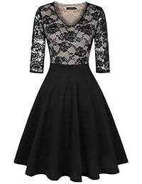 Bloggerlove Vestido de encaje floral con cuello en V para mujer, manga 3 4, con lentejuelas, vestido de fiesta