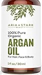 Aria Starr Beauty ORGANIC Argan Oil For Hair, Skin, Face, Nails, Beard & Cuticles - Best 100% Pure Moroccan Anti Aging, Anti Wrinkle Beauty Secret, Certified Cold Pressed Moisturizer 1oz