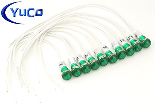 Yuco YC-9WRT-23G-12-10 Mini Indicator Light 9mm Fresnel Dome Cap Wire-Base Ring + Nut AC/DC Pack of 10 (Green, 12V) - Thumbnail 2