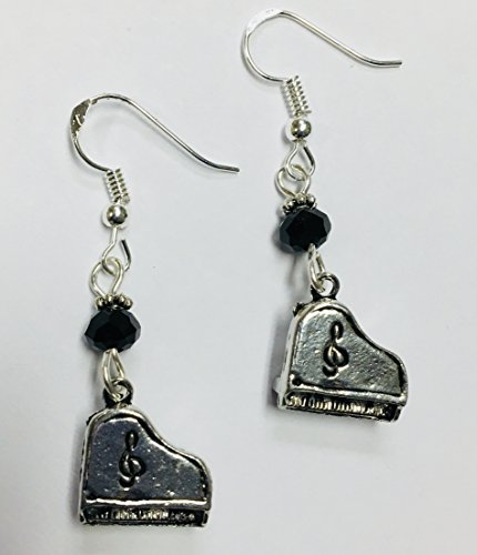 Music Themed Piano Earrings with jet crystal faceted accent beads, on sterling silver earwires - Thumbnail 3