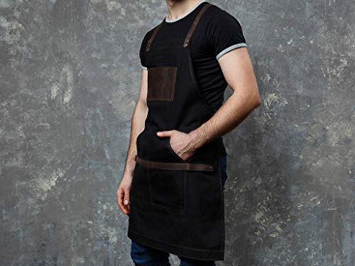 Black Apron in Canvas and Leather for Chef Work Bartender Barista Barber Shop Grill Master olpr. Made in USA