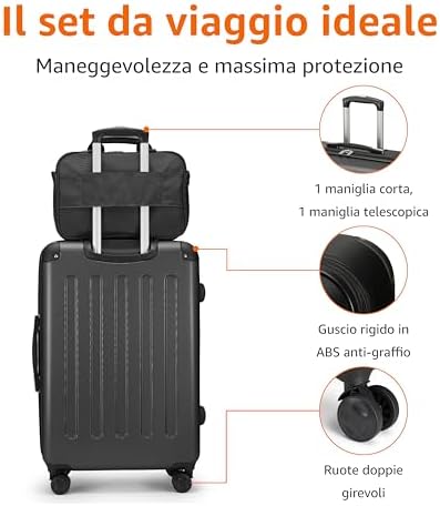 Set di Valigie Rigide, 3 pezzi, Trolley, Borsa a mano, Borsa da viaggio compatta, Espandibili, 4 Ruote Girevoli, Nero