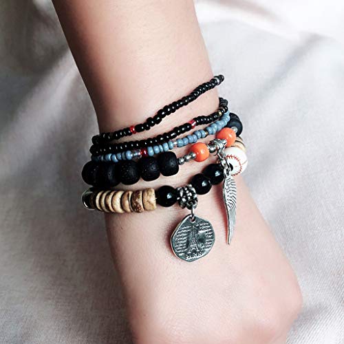 Louyue Bohemian Stackable Bead Bracelets for Women Men Multilayered Bracelet Set Pendant Charm Stretch Bangles (Black)
