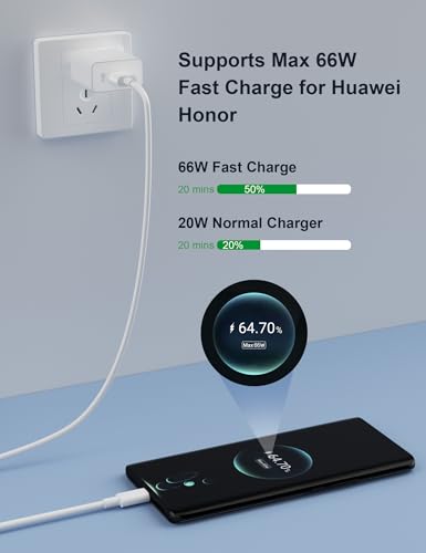 66W Fast Charger for Honor 400 200 600 Lite Smart Mains Chargers and 6A USB C Cable 1m Fast Charge for Honor Magic 6 7 8 Lite 6Pro V5 V3 X6b X6c X7b X8d X9c X9d for Pura 70 Pad 10 X9 X9a X8a
