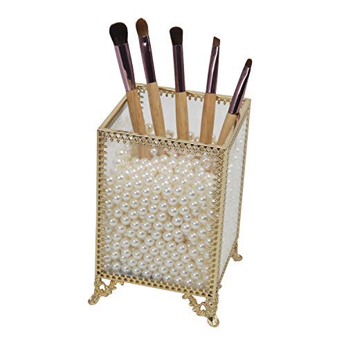 Houseables Makeup Brush Holder, Cosmetic Organizer, 4”W x 5.5”H, White Pearls, Brass Jar, Glass Panels, Dressing Table Accessories, Decorative Vanity Storage, Gold Cup, Clear Countertop Container - Thumbnail 7