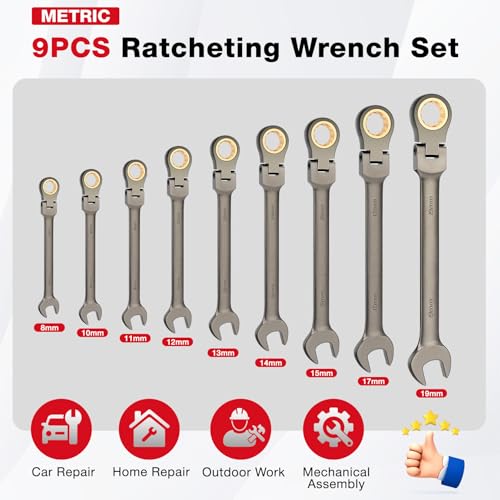 Shall 9-Piece Flex Head Ratcheting Wrench Set, 72 Metric Teeth 8-19mm, Cr-V Built, Nickel Plated with Organization Bag