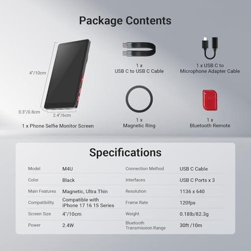 NEEWER Basics 4" Ultra Thin Magnetic Vlog Selfie Monitor Screen, Metal Back Camera Monitor w 600nits/Remote for 4K 120fps Wired Recording Streaming, Only Compatible with iPhone 17 16 15 Series, M4U