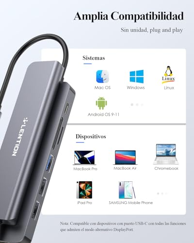 LENTION USB C Hub HDMI 4K@60Hz, PD 100W, SD/TF Card Reader, USB 3.0 & 2.0, 7 in 1 USB C Adapter for MacBook Pro/Air 2026-2016, New iPad Pro, Surface, iPhone 17 Plus Pro MAX and More (Grey)