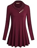 Miusey Cowl Neck Tunic, Women's Long Sleeve Loose Fit Flared Vintage Tunic Shirt Casual Swing Top Wine Red Large