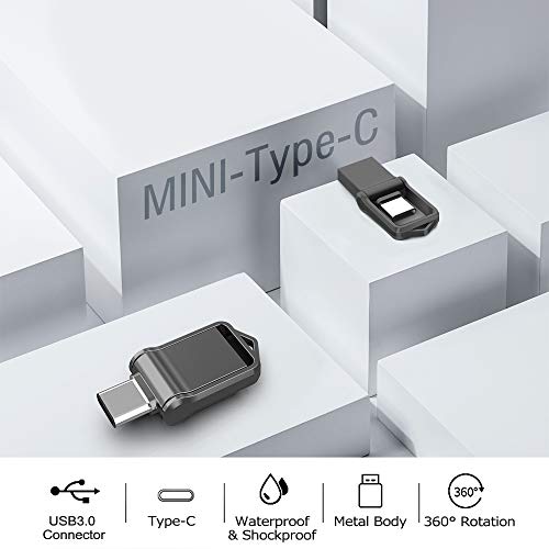 KEXIN 32GB Type C USB Flash Drive 3.0 Metal Dual Drive Pocket-Size OTG Memory Stick for Type-C Android Smartphones Tablets, New MacBook, Samsung Galaxy S8, S8 Plus, Note 8, Black