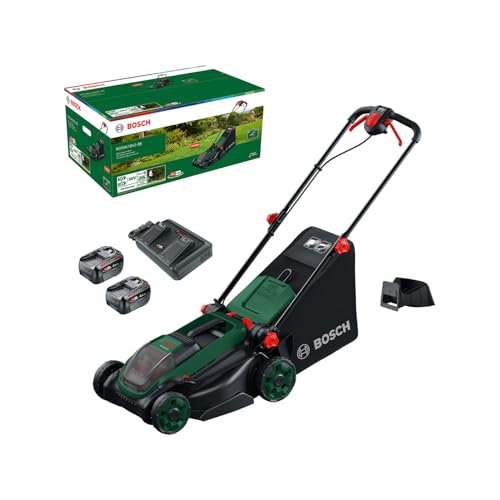 Bosch Akku-Rasenmäher ROTAK18V2-38 (Schnittbreite: 38 cm, Schnitthöhe: 30-75 mm, 40 l Stoff-Grasfangkorb, Mulchstopfen, inkl. 2 x 18V Akku und Ladeger