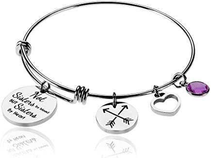 Not Sisters By Blood But Sisters By Heart Charm Birth Month Stone Febuary Best Friend Friendship Bead Expandable Wire Bangle Bracelet For Women Girl Borivilla